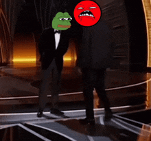 a green frog with a sad face is standing next to a man in a tuxedo