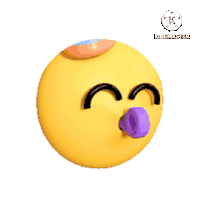 a yellow smiley face with a purple heart sticking out its tongue