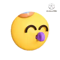 a yellow smiley face with a purple heart sticking out its tongue