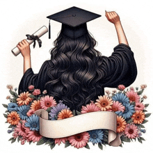 a girl in a graduation cap and gown is holding a diploma surrounded by flowers .