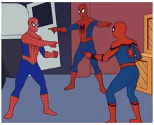three spider-man are standing next to each other pointing at each other .