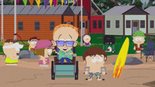a cartoon of a man in a wheelchair with a surfboard in front of him