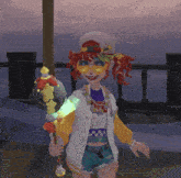 a girl wearing a baseball cap and sunglasses holds a torch