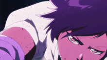 a cartoon character with purple hair and a white shirt