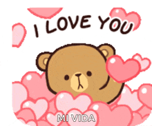 a teddy bear is surrounded by pink hearts and says i love you