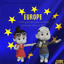 a couple of cartoon characters standing in front of a blue background with stars and the word europe on it