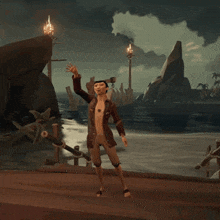 a naked man in a pirate outfit is standing on a dock with his arms outstretched