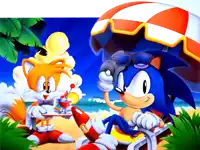 a cartoon of sonic and tails on a beach