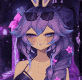 a purple haired anime girl wearing sunglasses and a black top