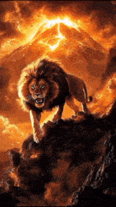 a lion is walking on top of a rocky hill with a volcano in the background .