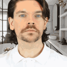 a man with long hair and a beard stands in a bathroom