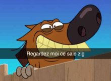 a cartoon horse is leaning over a wooden fence and says regardez moi ce sale zig