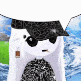 a cartoon character is wearing a black hat with a spider on it