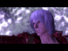 a man with purple hair and blue eyes looks at the camera