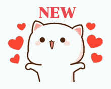a cartoon cat is surrounded by red hearts and says " new "