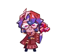 a cartoon character with blue and red hair and glasses is wearing a red and blue outfit .