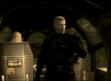 a man in a black suit is standing in a dark room with a sign that says ' a ' on it