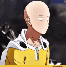 a man with a bald head is wearing a yellow jacket and white cape