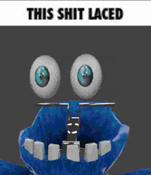 a cartoon character with blue eyes and white teeth is sitting on a table .