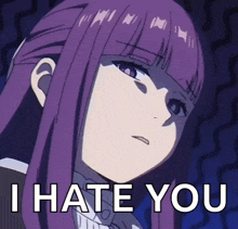 a purple haired anime girl with the words i hate you written below her