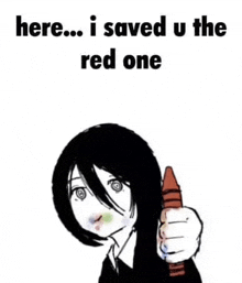 a black and white drawing of a girl holding a red crayon and giving a thumbs up .