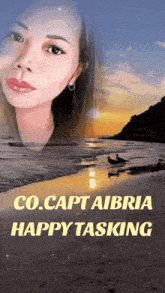 a picture of a woman on a beach with the words co.capt aibri happy tasking
