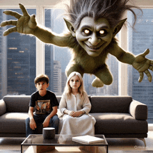a boy and a girl are sitting on a couch with a monster flying above them