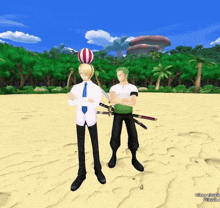 two anime characters standing on a sandy beach with one holding a ball on his head