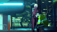 a man in a yellow jacket is sitting next to a woman in a red suit