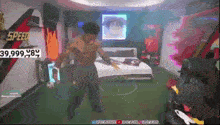 a man without a shirt is dancing in a bedroom with a sign that says speed