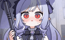 a cartoon girl with purple hair and red eyes holding an umbrella