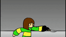 a cartoon of a girl holding a knife in her hand in a room .