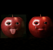 an apple with a tongue sticking out and an apple with a crying face