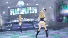 two anime girls are dancing on a stage in front of a disco ball .
