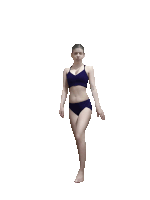 a woman with a shaved head is wearing a blue bikini top and blue underwear