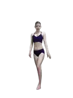 a woman with a shaved head is wearing a blue bikini top and blue underwear