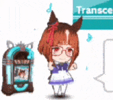 a girl with glasses is standing next to a jukebox and a horse .