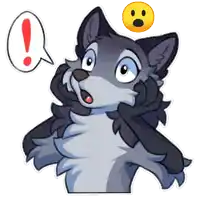 a cartoon drawing of a wolf with an exclamation point and a smiley face