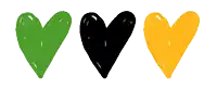three different colored hearts on a white background one green one black and one yellow