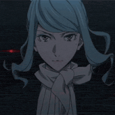 a close up of a person 's face with blue hair and a scarf around their neck .