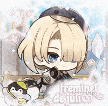 a picture of a girl with a penguin and the words " frenimet de juli " on the bottom