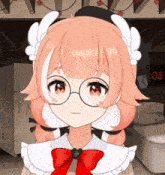 a girl wearing glasses and a red bow stands in front of a sign that says 0:08