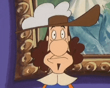a cartoon character wearing a cowboy hat stands in front of a framed picture