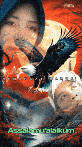 a painting of an eagle and a woman with the words " assalamu'alaikum " on the bottom