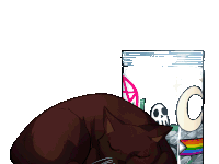 a drawing of a cat laying next to a jar with a skull on it