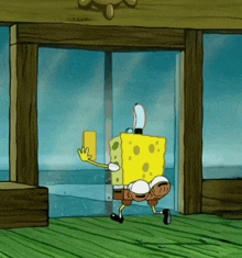 a cartoon character named spongebob is standing in front of a glass door