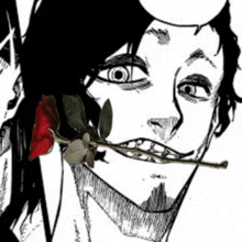 a black and white drawing of a man with a red rose in his mouth .
