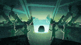 a group of scientists are standing around a glowing object
