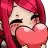 a pixel art illustration of a girl with red hair holding a heart in her mouth .