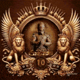 a picture of a man with a sword and two lions with crowns